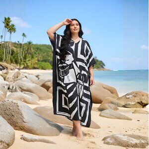 Gypsie Blu Polyester Caftan Dress Plus Size Summer Cover Up Maxi Moo Moos Dress